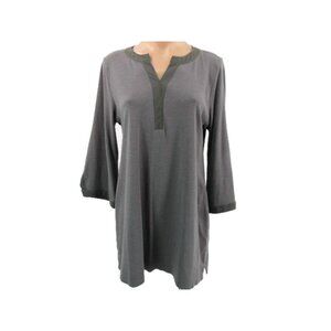 Soft Surroundings Gray Cotton Tunic Top M Banded V Neck Flared Sleeves A Line